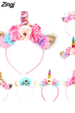 New 2023 Women Kids Party Gold/Silver Unicorn Horn Headband Flower Horn Girls Headwear Birthday Hairband Hair