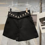 Drilling Pearl Flower Beaded Suit Shorts Women Simple Graceful White Black Shorts Female 2022 Spring Summer New Short