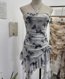 Solid Shot Tie Net Yarn Printing Irregular Ribbon Three-Dimensional Flowers Small Man With Chest Short Skirt Dress Dress
