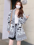 Women Sweater Black White Tassels Patchwork Cardigan Tops Autumn 2023 New Loose Full Sleeve V-Neck Vintage Knitwear
