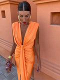 Sexy Deep V Neck Sleeveless Pleated Dress Fashion High Waist Split Bodycon Vestidos Lady Elegant Summer Party Streetwear 211-0-Outfit