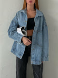 Vintage Washed Blue Cotton Denim Shirts For Women Autumn Wintr Long Sleeve Loose Blouse Casual Lapel Shirt Female