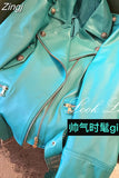 Spring Autumn Cool Bright Green Pu Leather Biker Jacket Women Zipper Long Sleeve Luxury Designer Streetwear Fashion