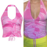 Summer Print Sleeveless Backless Tank Top Women V Neck Sexy Halter Crop Tops Tees Vintage Fashion Camisole