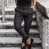 Summer Casual Long Pant Streetwear 2021 Spring Fashion Plaid Printed Pencil Pants For Mens Vintage Mid Waist Button