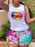 Pieces Suit Summer Women Outfit Holiday Lip Print Tank Top & Ink Splash Print Drawstring Shorts Set Women's Clothing