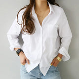 White Women Shirt Fashion Long Sleeve Casual Turn Down Collar Female Blouse Loose Pocket Button Office Ladies Elegant