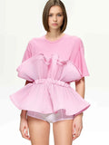 Zingj Summer New Fashion Temperament Slim Show Thin Round Collar Flounce Splicing Design Sense Short-Sleeved Women's