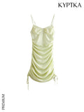 Women Fashion With Tied Pleated Satin Mini Dress Vintage Backless Zipper Adjustable Thin Straps Female Dresses