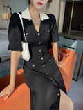 Elegant Puff Sleeve Knitted Sweater Dress Women Clothes 2022 New Lapel Single-breasted Ice Silk Fabric Knit