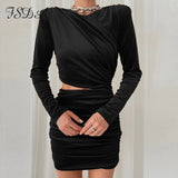 2021 Hollow Out Bodycon Dress Mini Women Brown Autumn Winter Sexy O Neck Long Sleeve Elegant Party Dresses Black