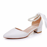 Cm Low Heel Tip Hollow Sandals Coarse Heel Beaded Women's Shoes White Mute PU Wedding Banquet Bridal