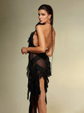 Black Mesh Fringe Ruffle Open Back Midi Dress- Outfit