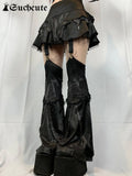 SUCHCUTE Gothic Leather Patchwork Mini Skirts With Trouser Leg Women Lolita Grunge Skirt Dark Academic Streetwear Punk