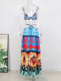 Summer Colorful Print Dress Two Piece Set Sleeveless Sexy Deep V Top High Waist Hollow Dress Suit Beach Vacation Female