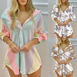 Zingj Wise New Fall Long Sleeve Pull V Neck Button Stripe Shirt
