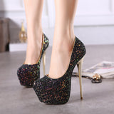 Shoes 2024 Autumn Style Thin Heel Waterproof Platform Fashion Shallow Mouth Sequins Large Size 41-45 Women's High