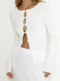 Women Ribbed Long Sleeve Casual T-shirts Tops Cutout Buttons Up Cardigans Slim Fit Spring Autumn Tees Club