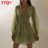 Fashion Clear Puff Sleeve Women's Dresses Elegant V-neck Pleated Green Dress Autumn High Waist Mini Dress Female