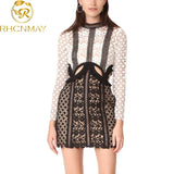 Summer Self Portrait Dress Runway Women Long Sleeve Lace Patchwork Dew Waist Hollow Out Bodycon Mini Party