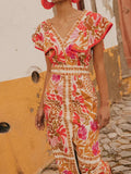 Women Elegant Vintage Floral Print Split Long Dress Sexy Backless V Neck Flying Sleeves Slim Robe 2024 Chic Lady Street