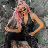 fashion punk black leather hollwo crop tops womens camisole 2020 summer fashion stretch tees Slim Soft leather tank