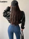 Spring Autumn Short Cool Oversized Crocodile Print Faux Leather Jacket Women Button Up European Fashion Streetwear