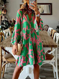 Summer Casual Pullover Beach Dress Fashion Printed Boho Style V Neck Party Dress Elegant Long Sleeve Buttoned Shirt