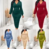 Sexy Casual Dress Solid Color V-Collar Close Waist Long Sleeve Wrap Hip Dress
