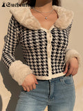 SUCHCUTE Vintage Fur Collar Women's Cardigan Knitted Winter Sweater Coats Korean Fashion Aesthetic Casual Streetwear