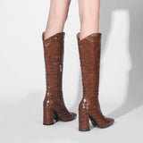 Fashion Knee High Boots Autumn Winter Women Pu Leather Square High Heel Western Boots Pointed Toe Zipper Woman Shoes