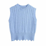 Fashion Twist Blue Cropped Cable-Knit Sweater Vest Women Vintage O-Neck Female Waistcoat Tops Pull Sans Manche Knitted