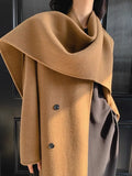 Fashion Women Woolen Coat Scarf Collar Loose Double Breasted Full Sleeve Belt Solid Color Overcoat Autumn 2023 New