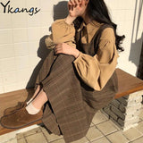 Women Autumn 2PCS Set Vintage Korean High Waist Plaid Preppy Style Brace Strap A-Line Pleated Dress Puff Sleeve Top Blouse