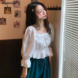 Women New Fashion Summer Blouses Ruffles Square Collar Corp Top Novelty Womens Pure Sweet Elegant Trendy Pleated