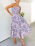 Summer Green Long Dress Women Elegant One Shoulder Dress Ladies Floral Print Maxi Party Pleated Dress For
