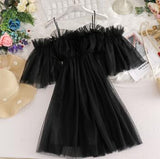 New Summer Autumn Women Ruffles A-Line Dress Sweet Slash Neck Lace Dress Female Short Sleeve Mesh Dress Vestidos