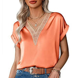 Lace Satin Blouse Loose Short Sleeve Women Tops Fashion 2023 Elegant Summer Casual Shirts Lady Simple Hollow Blusas