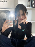 Fashion Women Cropped Sweater Korean V Neck Y2K Tops Halter Off Shoulder Knit Sweaters Long Sleeve Fake Two Piece