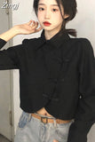 Black Slim Fit Chemises Femme Vintage Fashion High Street Women Short Length Crop Tops Long Sleeve Shirts