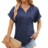 Zingj / Summer 2024 New Hooded Drawstring Button Solid Color Loose T-Shirt Top-Outfit