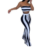 piece set Elegant Women Sexy Striped Strapless Off Shoulder Tank Vest Crop Tops Bra High Waist Loose Flare Long Pants