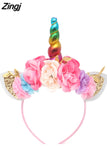 New 2023 Women Kids Party Gold/Silver Unicorn Horn Headband Flower Horn Girls Headwear Birthday Hairband Hair