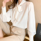 Han Queen New Arrival Shirt Womens Blouse Vintage Work Casual Tops Chiffon Blouse Bow Elegant Loose Women Business