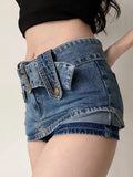 Wide Belt Denim Miniskirt For Women Korean Hot Sexy Women Short Skirts Pocket High Waist Boho Safari Style