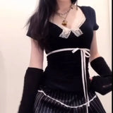 Lace Trim Bow Splice V Neck Long Sleeve TeeOutfit
