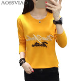 Embroidery Autumn T-shirt Women New Fashion Simple Long Sleeve Tops Lovely Black White Loose Female T-shirt Plus