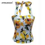 Women Shirts Retro Vintage 50s 60s Floral Printed Sleeveless Halter Slim Blouses Fashion Ladies Rockabilly Pin Up