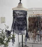 Real Shot Shoulder Strap Tie Dyed Net Shawl Shirt T-Shirt T-Shirt T-Shirt Design Folded Long-Sleeved T-Shirt