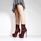 Onlymaker Women's Round Toe Wine Red Platform Side Zipper Thin Heel Thick Heel Short Boots Fashion Lady Booties Big
